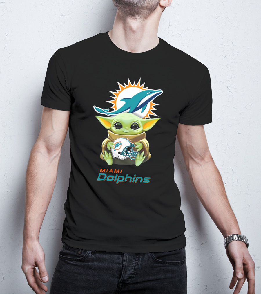 Baby Yoda Holding Miami Dolphins Helmet With Team T-Shirt