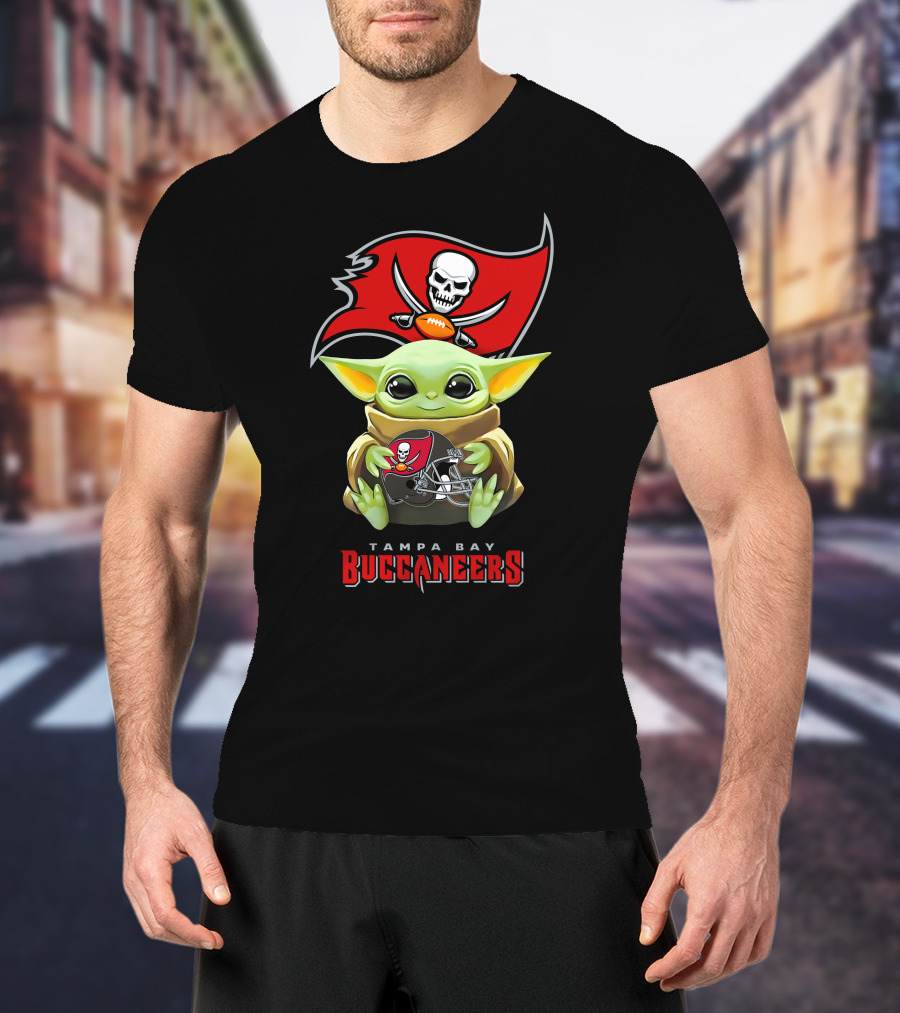 Star Wars Baby Yoda Holding Tampa Bay Buccaneers Helmet With Team Flag T-Shirt