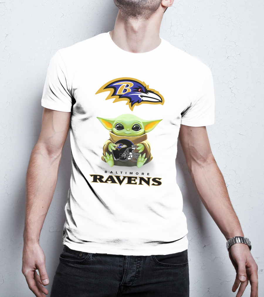 Baby Yoda Holding Baltimore Ravens Helmet With Ravens T-Shirt