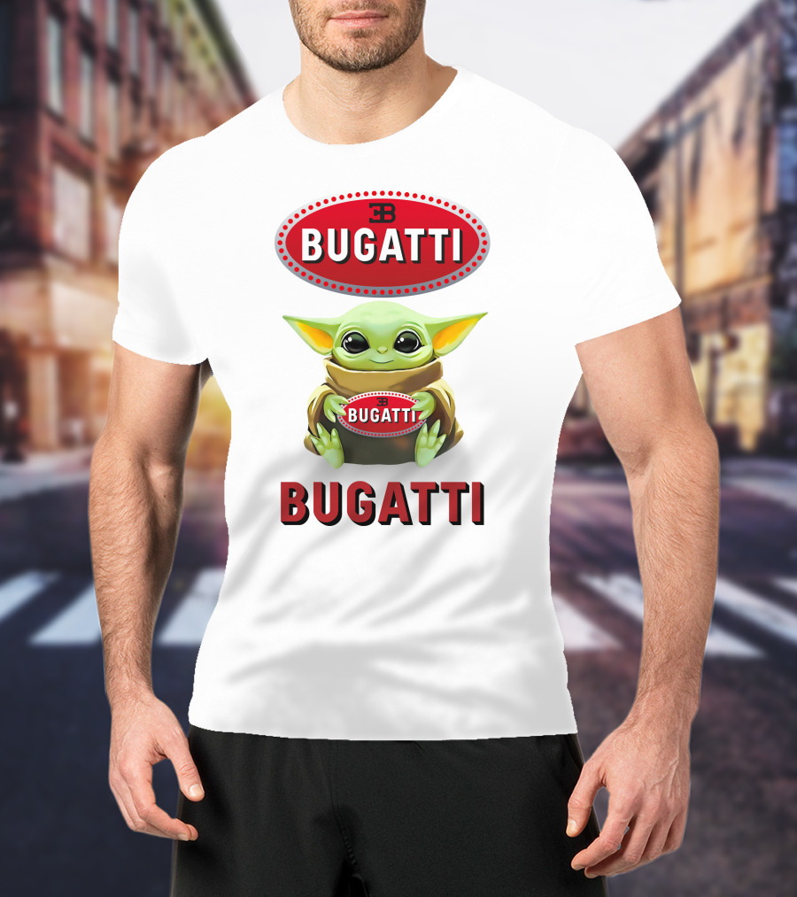 Baby Yoda Holding Bugatti Logo Emblem T-Shirt