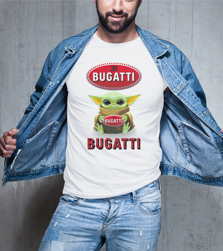 Baby Yoda Holding Bugatti Logo Emblem T-Shirt