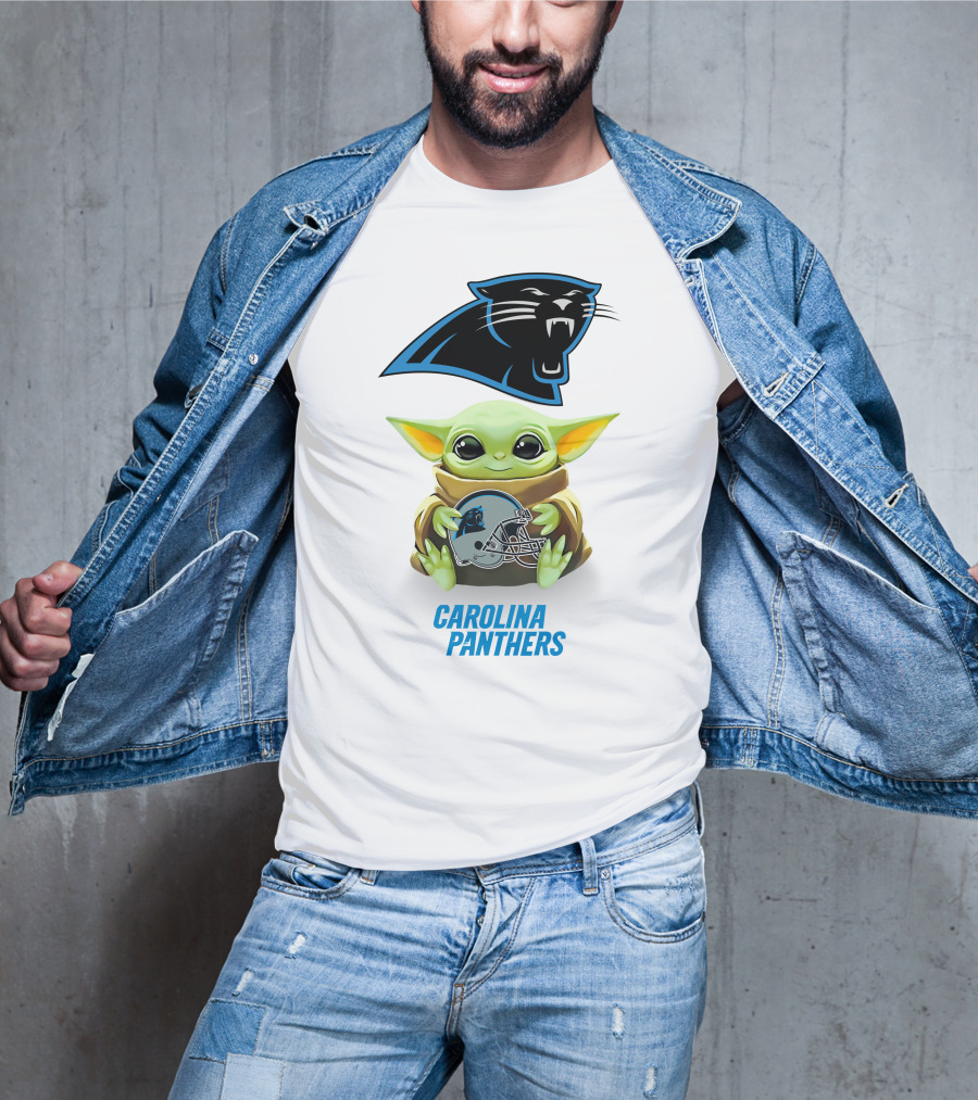 Baby Yoda Holding Carolina Panthers Helmet T-Shirt