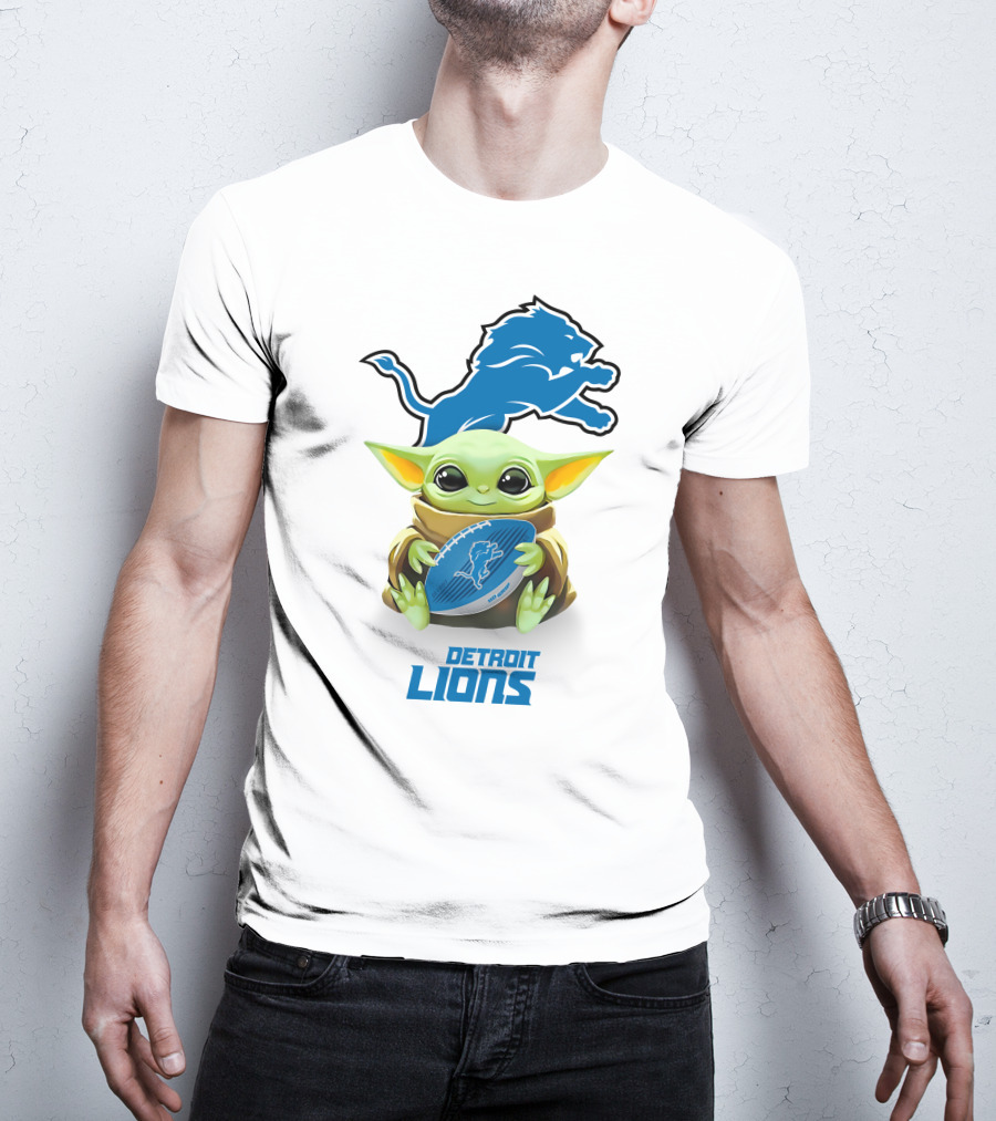 Baby Yoda Hugging Detroit Lions Football T-Shirt