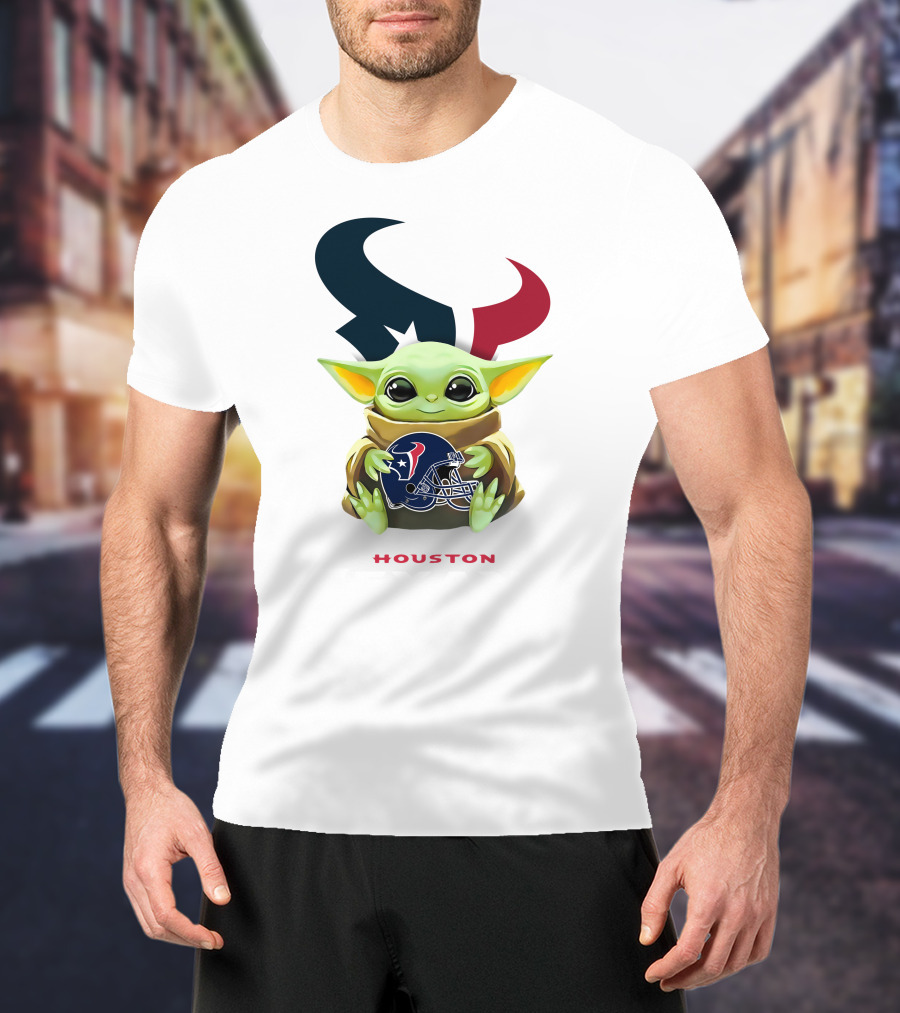 Baby Yoda Houston Texans Logo Helmet Hug T-Shirt