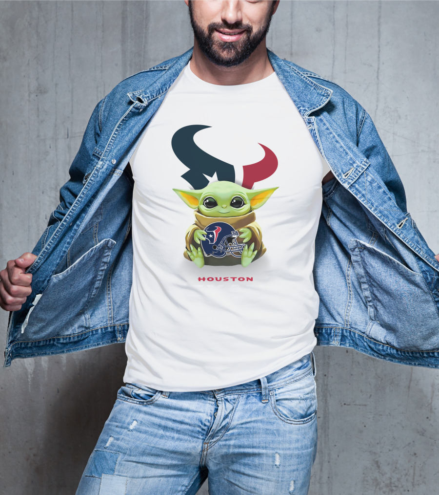 Baby Yoda Houston Texans Logo Helmet Hug T-Shirt