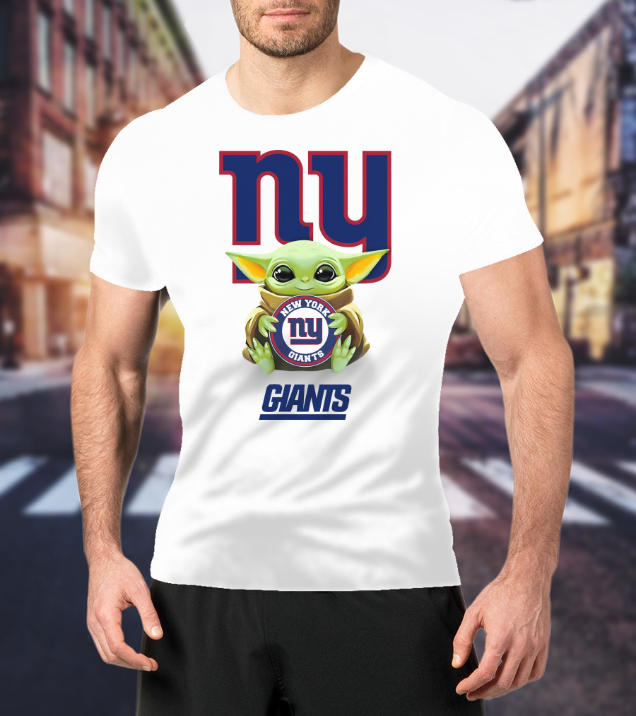 Baby Yoda Hug New York Giants NY Giants Star Wars Collaboration White T-Shirt