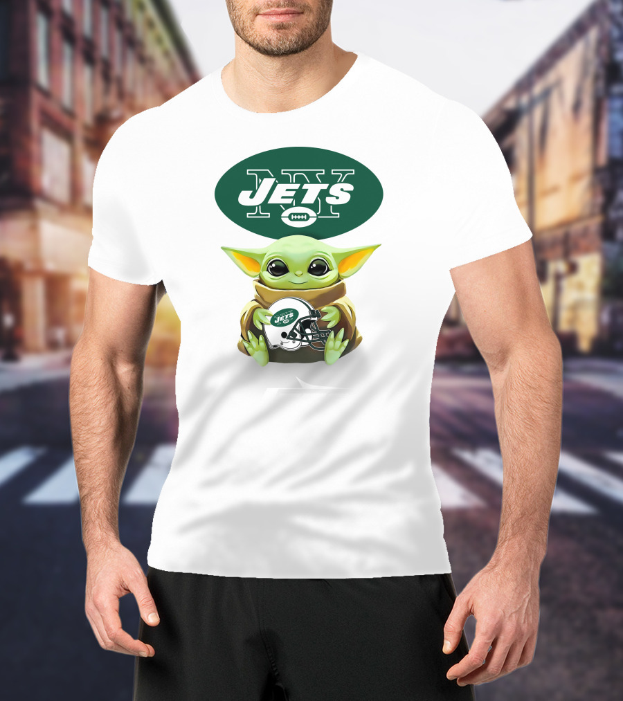 Baby Yoda Holding New York Jets Football Helmet T-Shirt