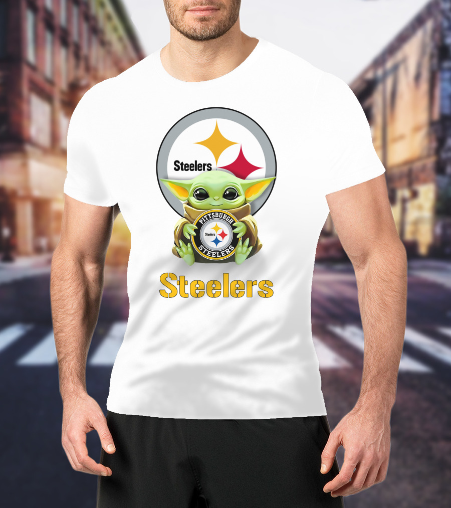 Baby Yoda Hug Pittsburgh Steelers Logo Steelers T-Shirt