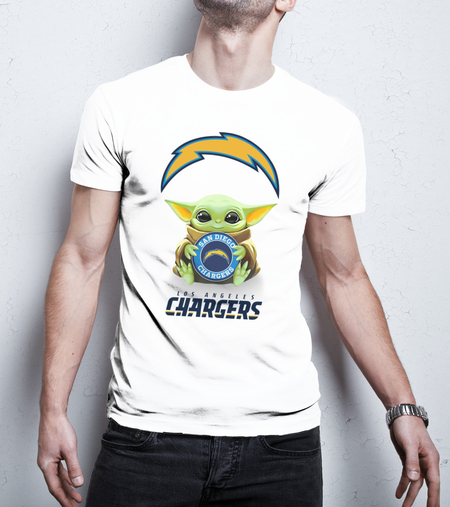 Baby Yoda Hug San Diego Chargers Los Angeles Chargers Logo White T-Shirt