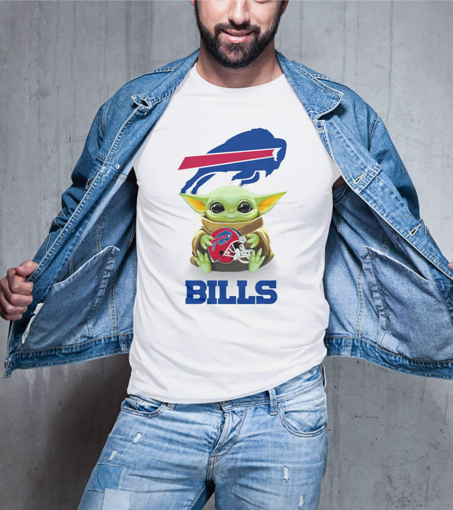Baby Yoda Hug Buffalo Bills Helmet Star Wars White T-Shirt