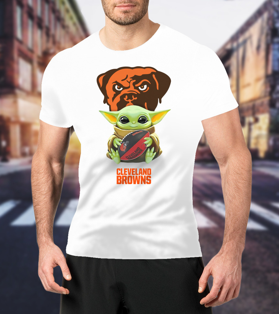 Baby Yoda Holding Cleveland Browns Football With Team Logo Background T-Shirt