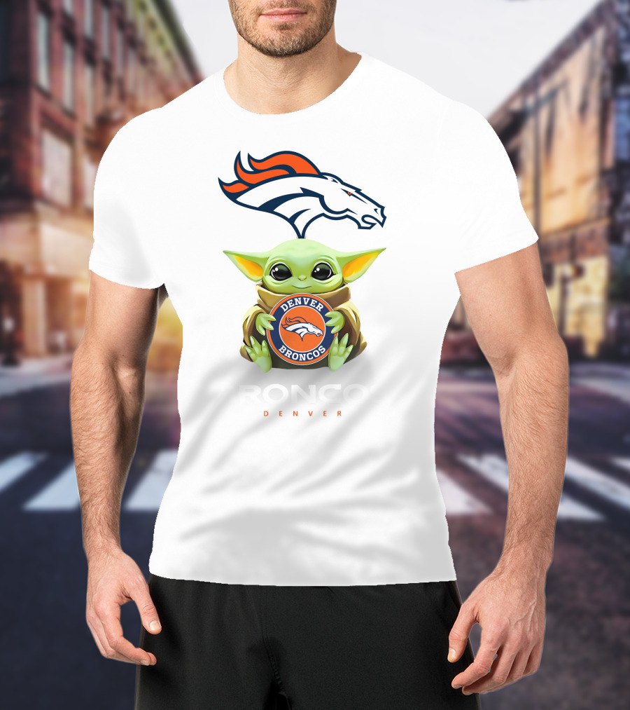 Star Wars Baby Yoda Holds Denver Broncos Emblem T-Shirt