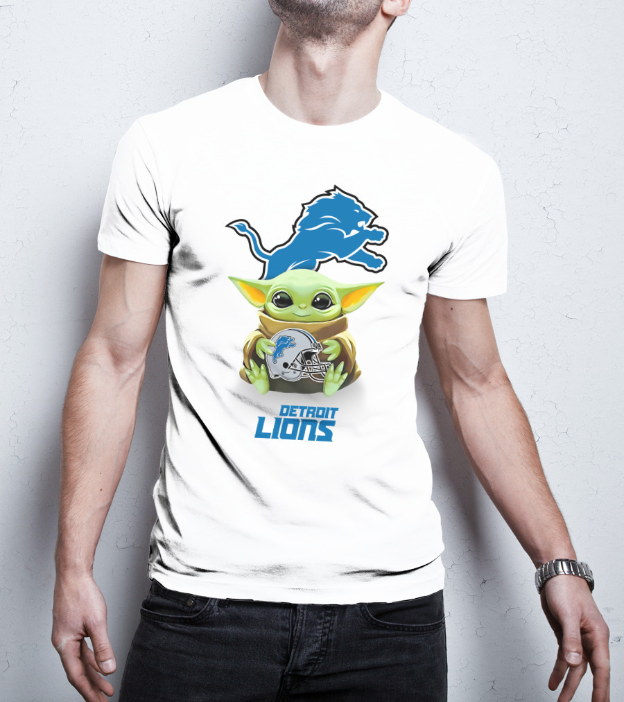 Star Wars Baby Yoda Holding Detroit Lions Helmet T-Shirt