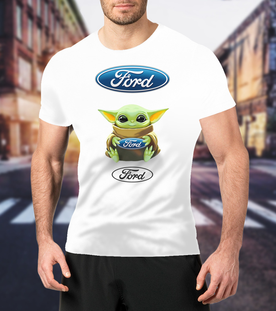 Star Wars Baby Yoda Holding Ford Logo White Background T-Shirt