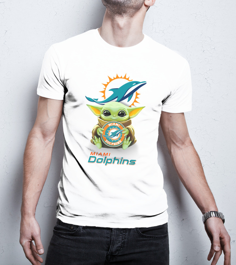 Miami Dolphins Baby Yoda Hugging Logo Star Wars White T-Shirt