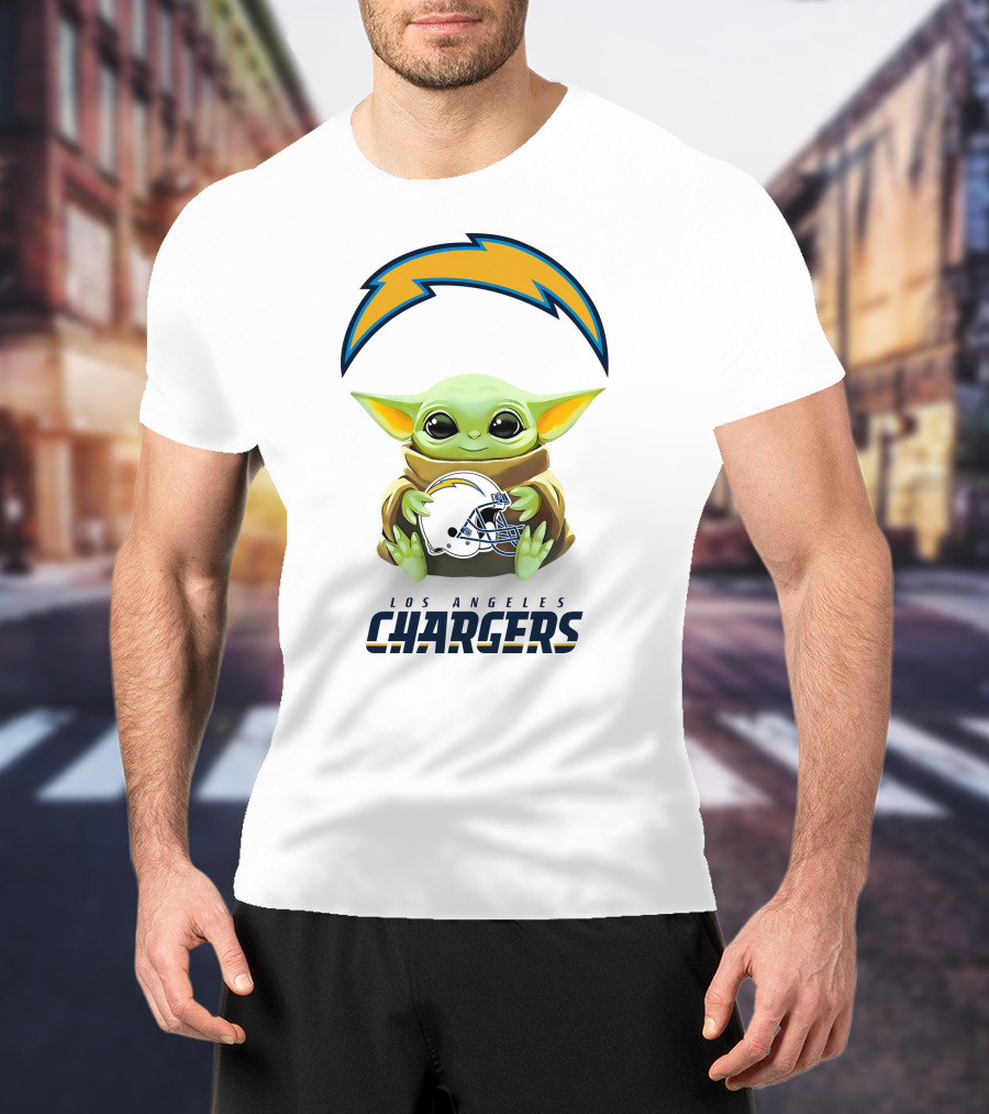 Star Wars Baby Yoda Hug Los Angeles Chargers Helmet White T-Shirt