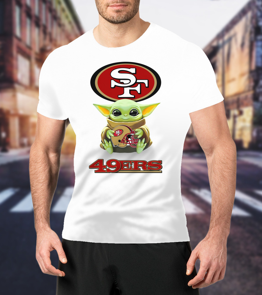 Star Wars Baby Yoda Holding San Francisco 49ers Helmet Logo SF 49ers T-Shirt