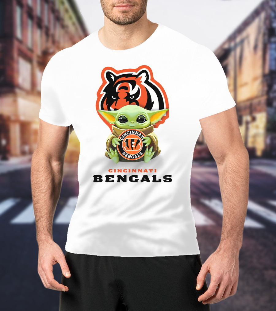 Grogu Holding Cincinnati Bengals Logo With Tiger Background T-Shirt