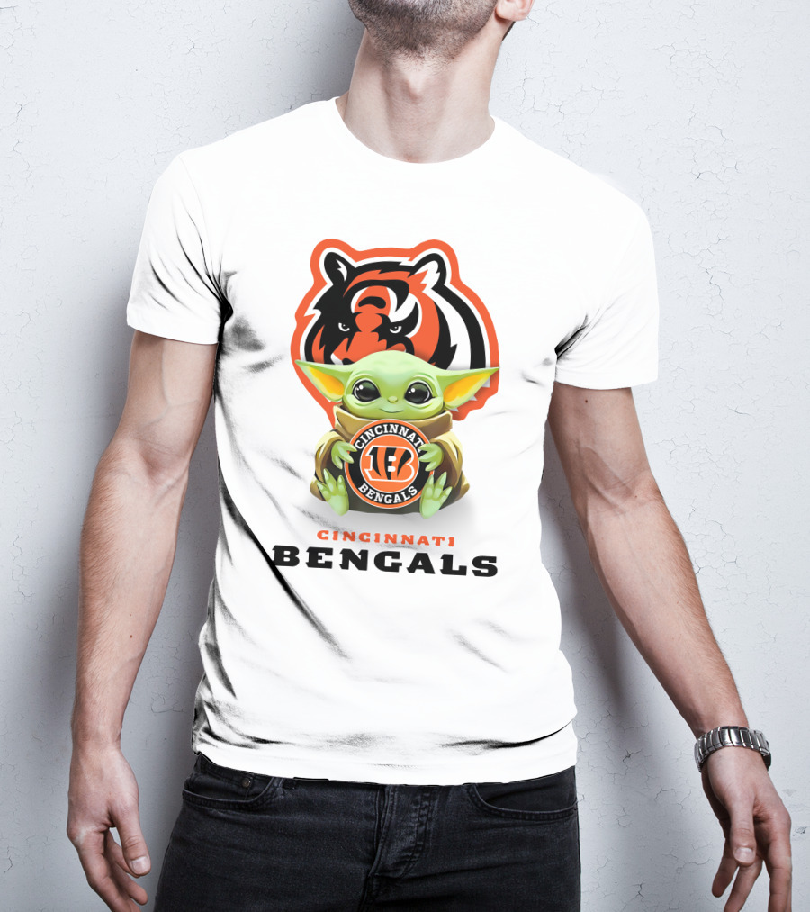 Grogu Holding Cincinnati Bengals Logo With Tiger Background T-Shirt