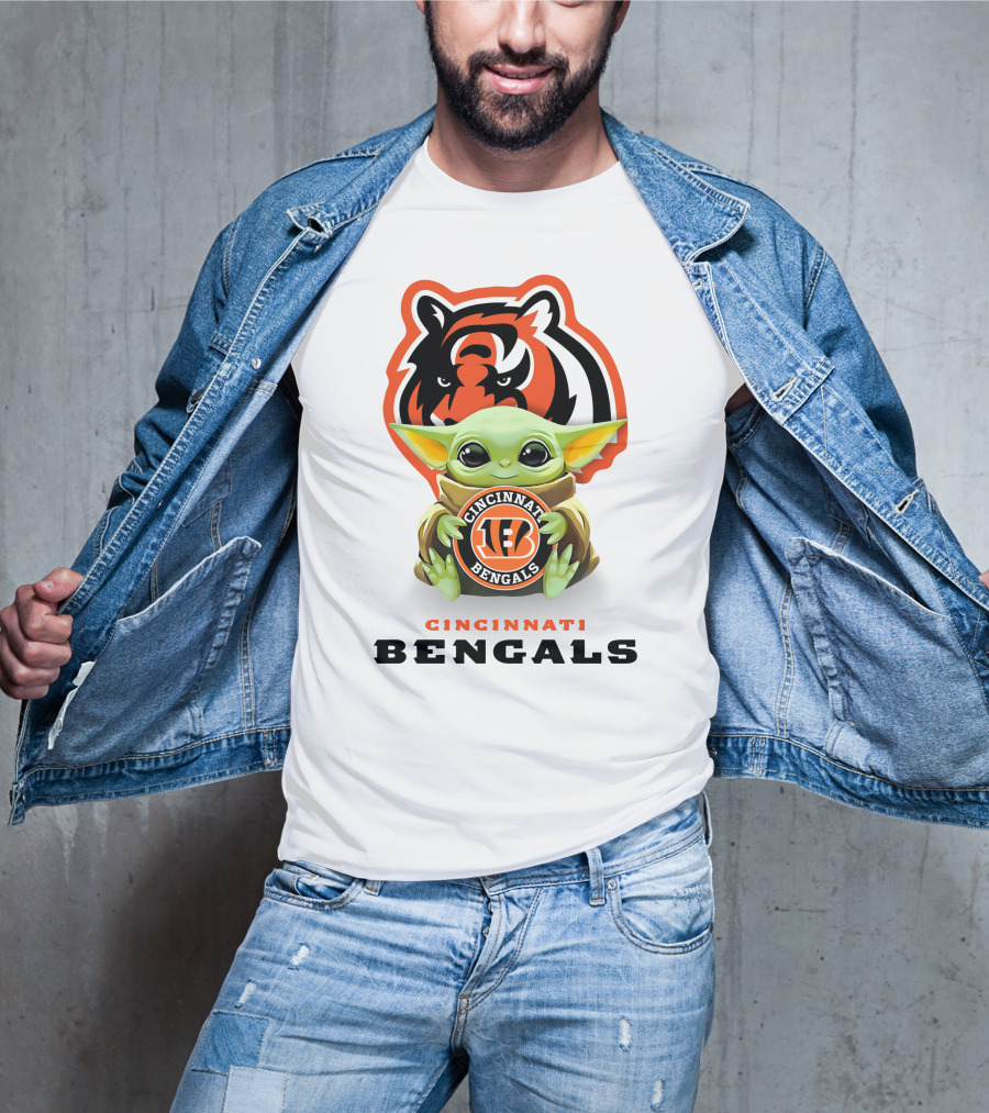 Grogu Holding Cincinnati Bengals Logo With Tiger Background T-Shirt
