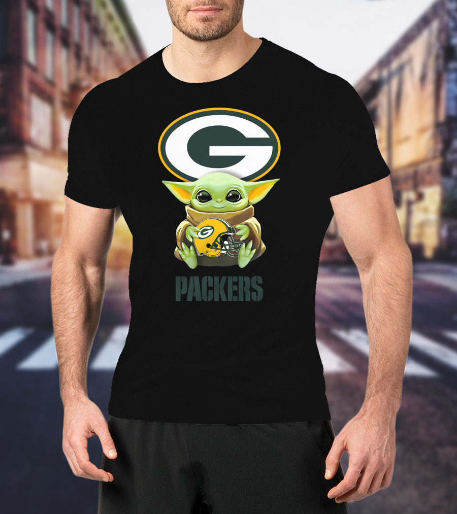 Grogu Holding Green Bay Packers Helmet With Packers T-Shirt