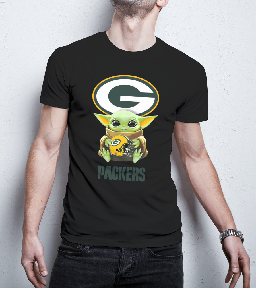 Grogu Holding Green Bay Packers Helmet With Packers T-Shirt