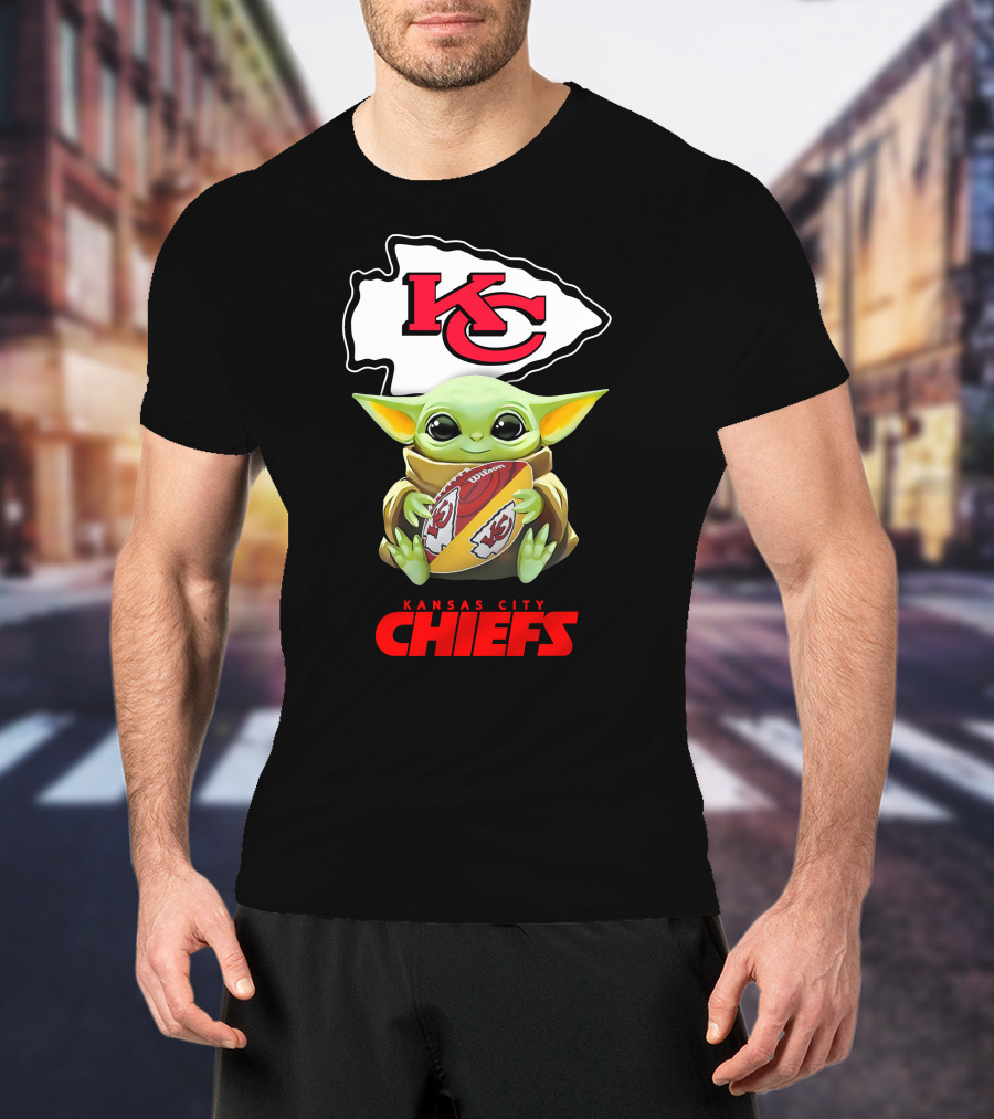 Grogu Holding Football Kansas City Chiefs KC T-Shirt