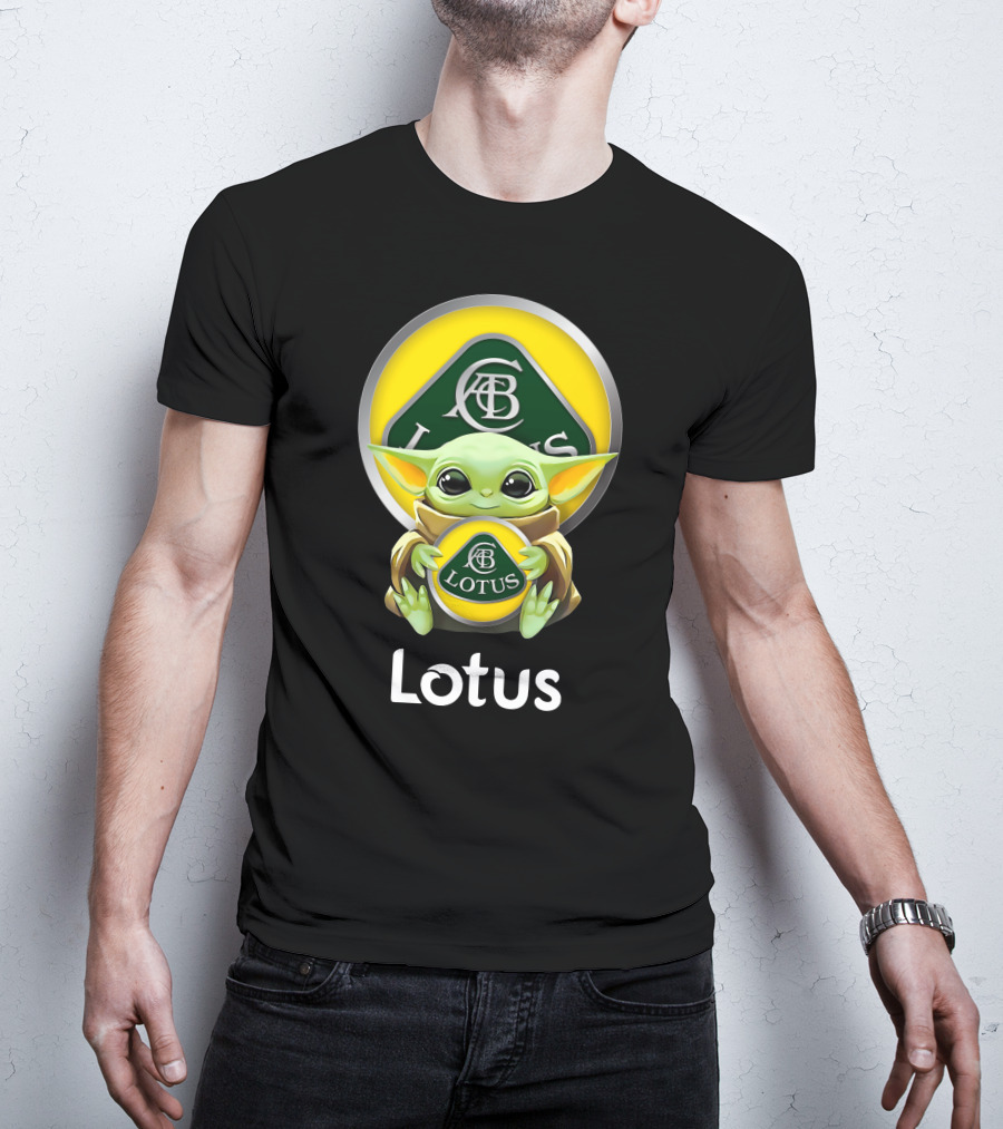 Grogu Holding Classic Lotus Emblem In Green And Yellow T-Shirt