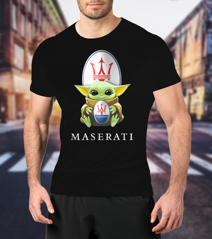 Grogu Holding Maserati Trident Emblem T-Shirt