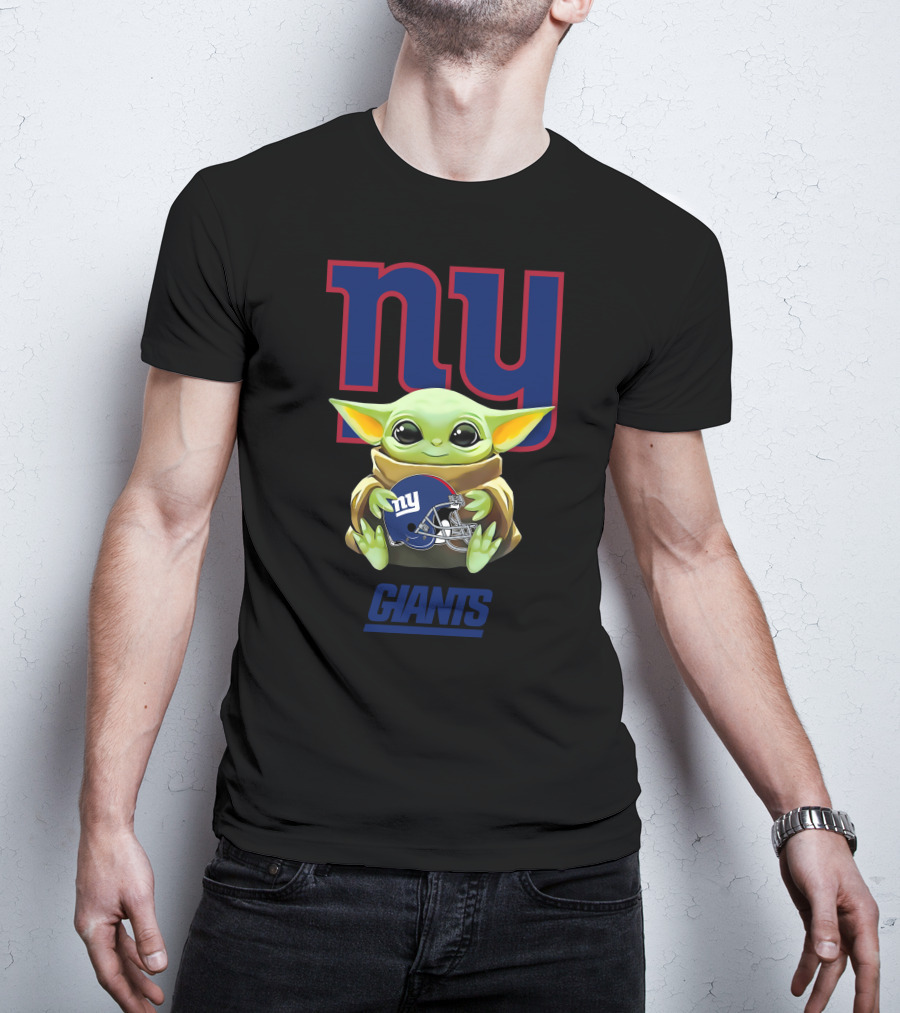 Grogu Holding New York Giants Football Helmet NYC Blue T-Shirt