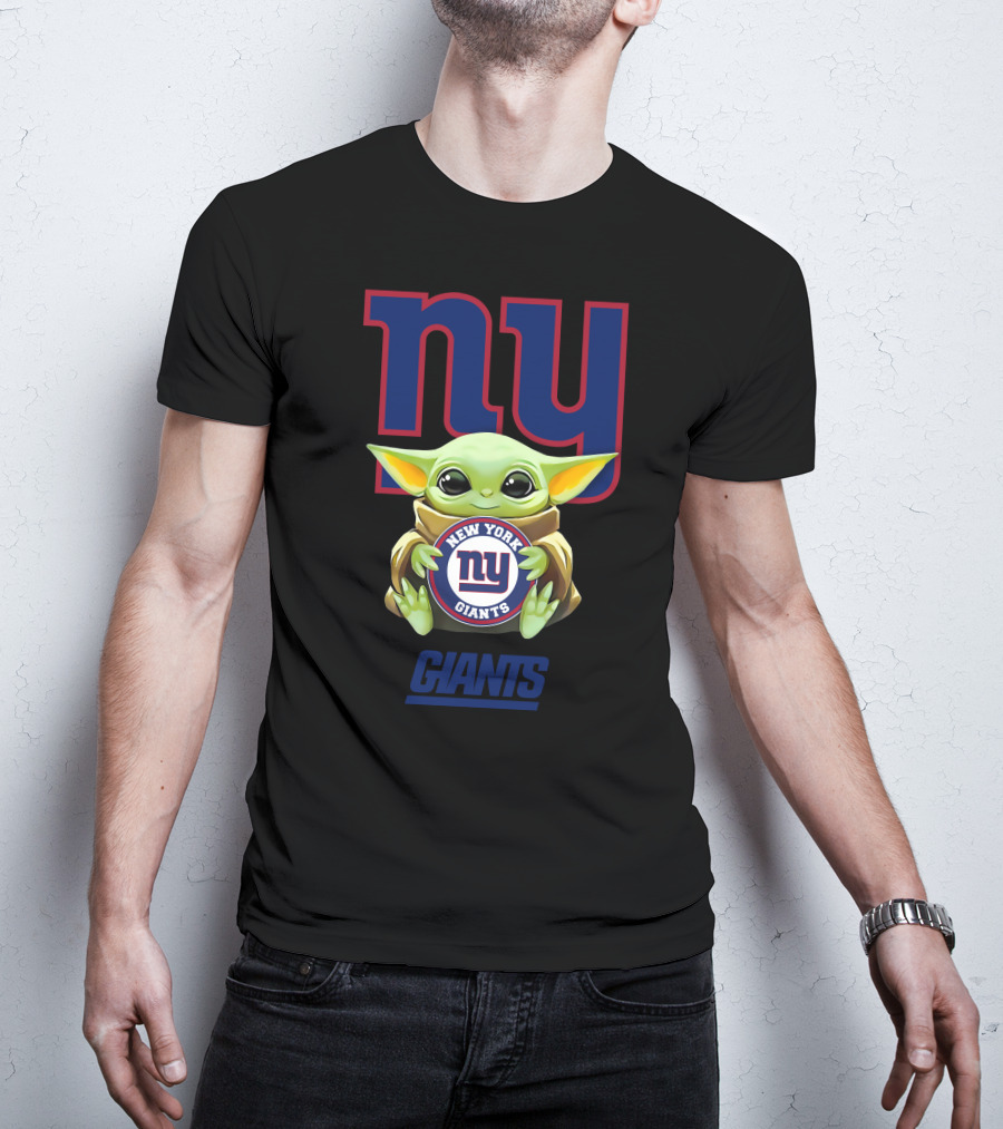 Grogu Embracing New York Giants Logo With NY Giants Text T-Shirt