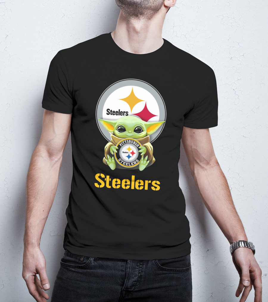 Grogu Holding Pittsburgh Steelers Emblem With Steelers Text T-Shirt