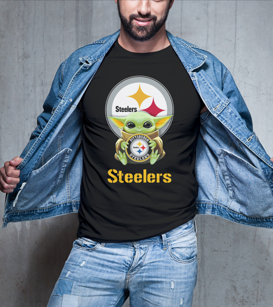 Grogu Holding Pittsburgh Steelers Emblem With Steelers Text T-Shirt