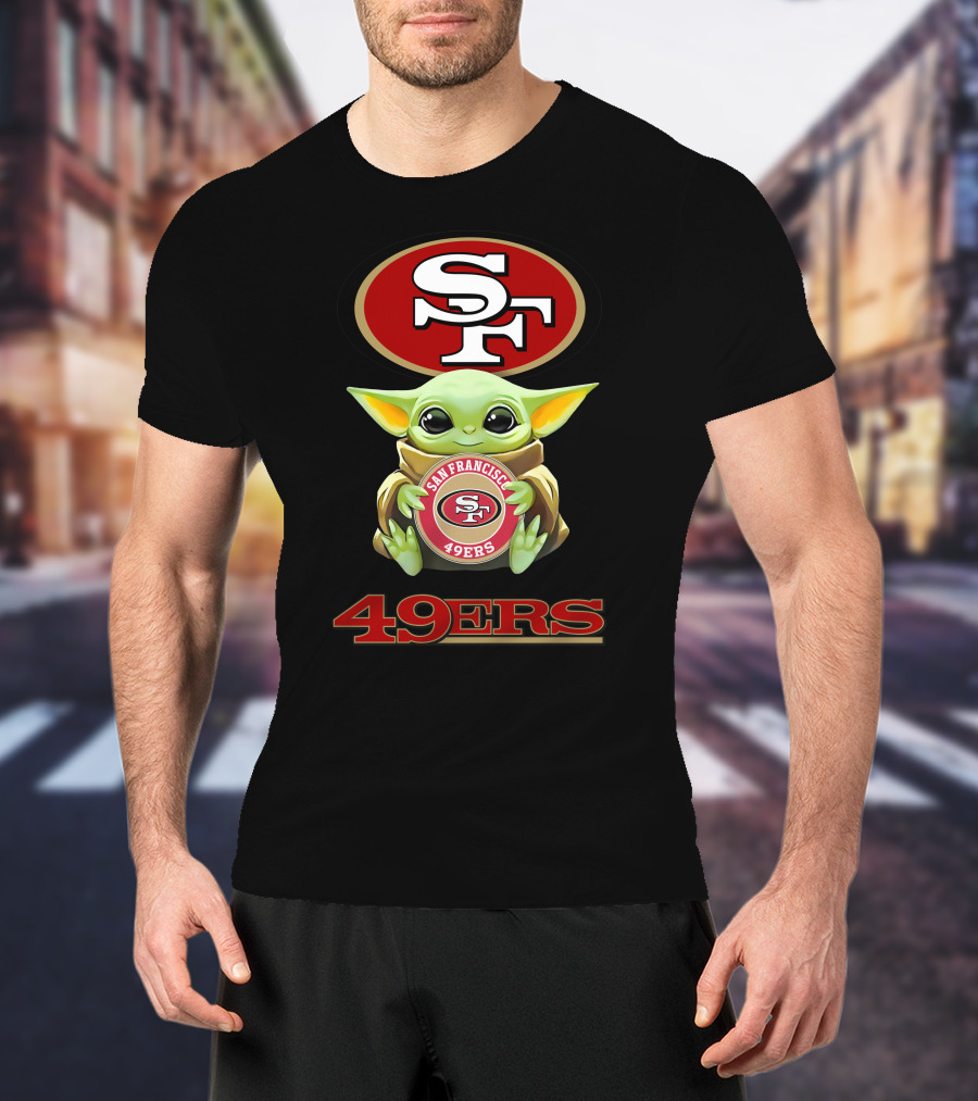 Grogu Holding San Francisco 49ers SF Logo With 49ers Text T-Shirt