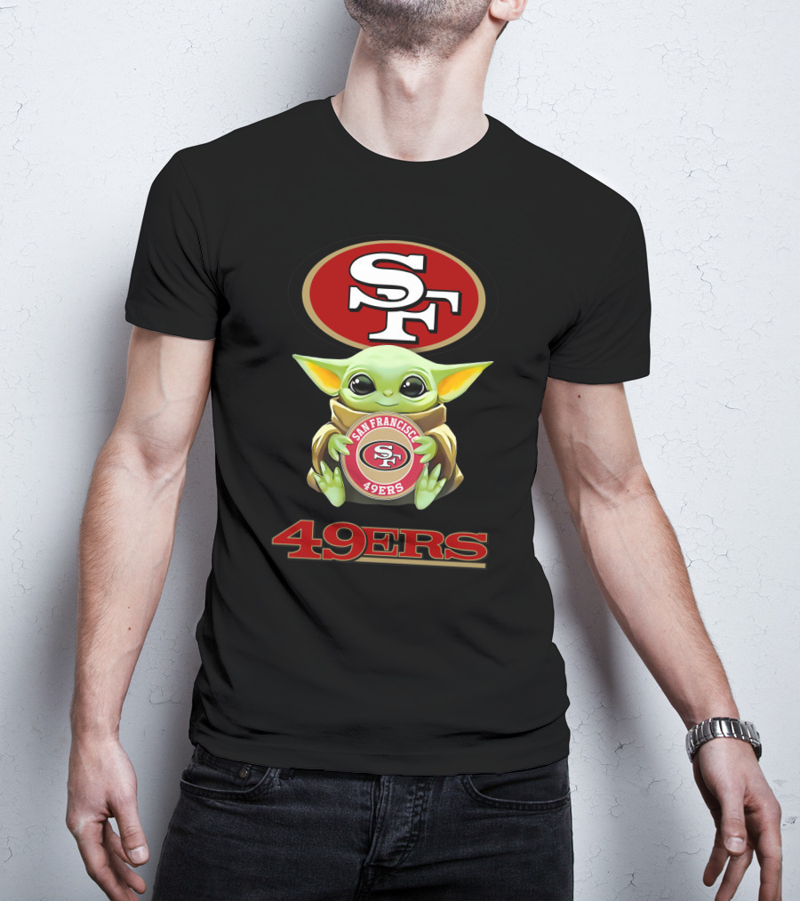 Grogu Holding San Francisco 49ers SF Logo With 49ers Text T-Shirt