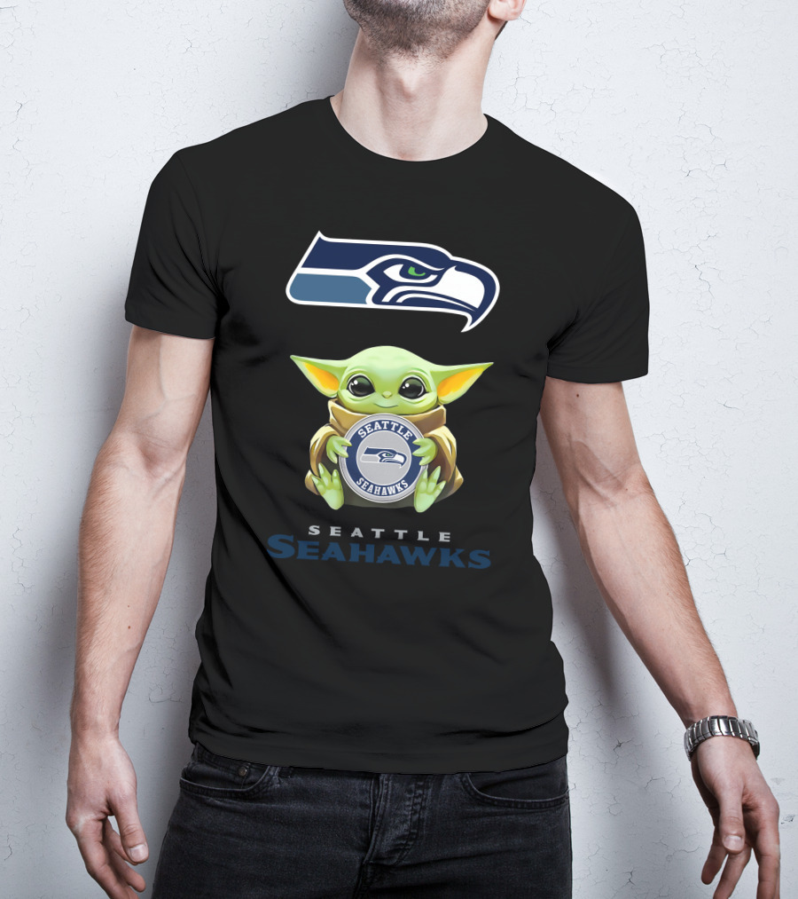 Grogu Holding Seattle Seahawks Logo Emblem With Team Name T-Shirt