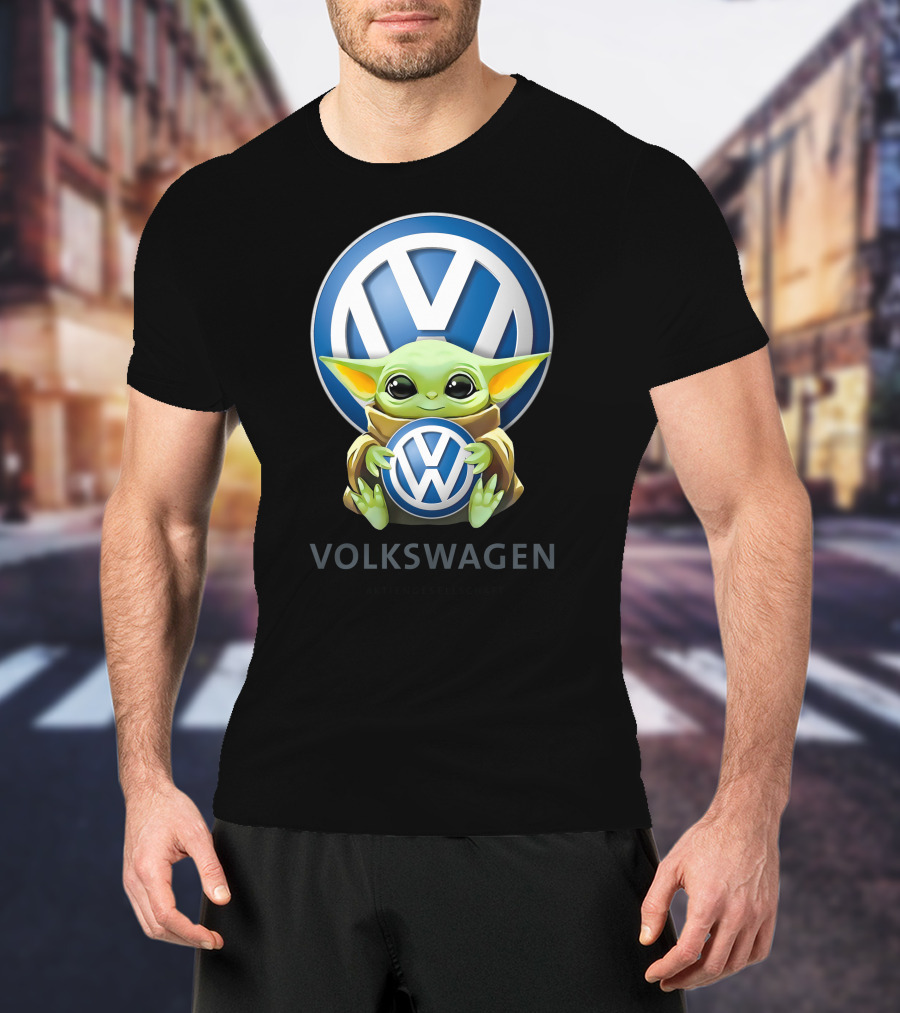 Grogu Holding Volkswagen Logo With Volkswagen Aktiengesellschaft Text T-Shirt
