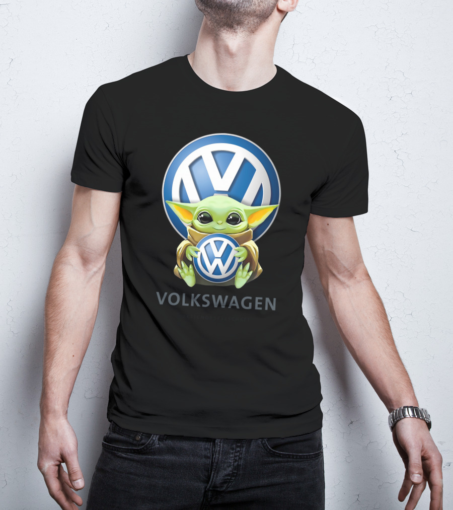 Grogu Holding Volkswagen Logo With Volkswagen Aktiengesellschaft Text T-Shirt