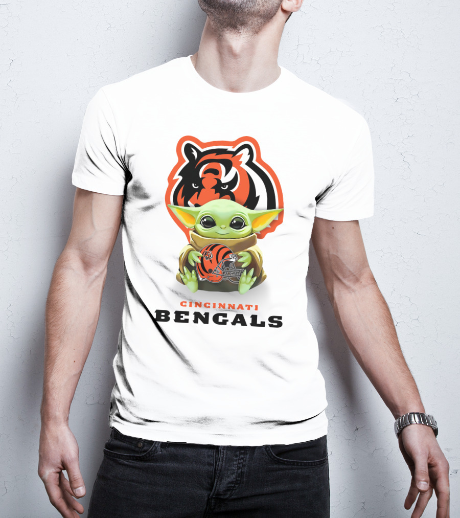 Grogu Holding Cincinnati Bengals Helmet With Team Logo And Colors T-Shirt
