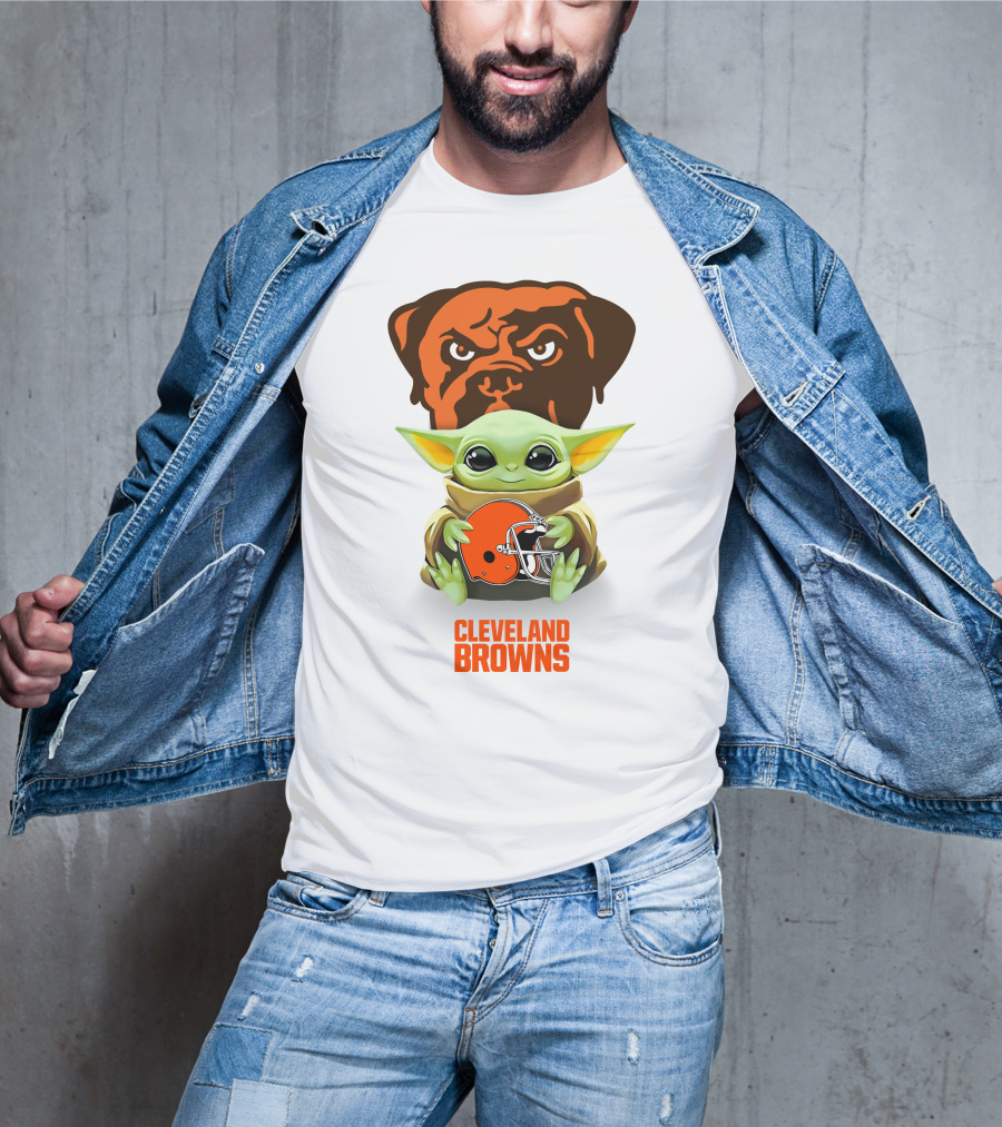 Grogu Holding Cleveland Browns Helmet With Brown Dog T-Shirt