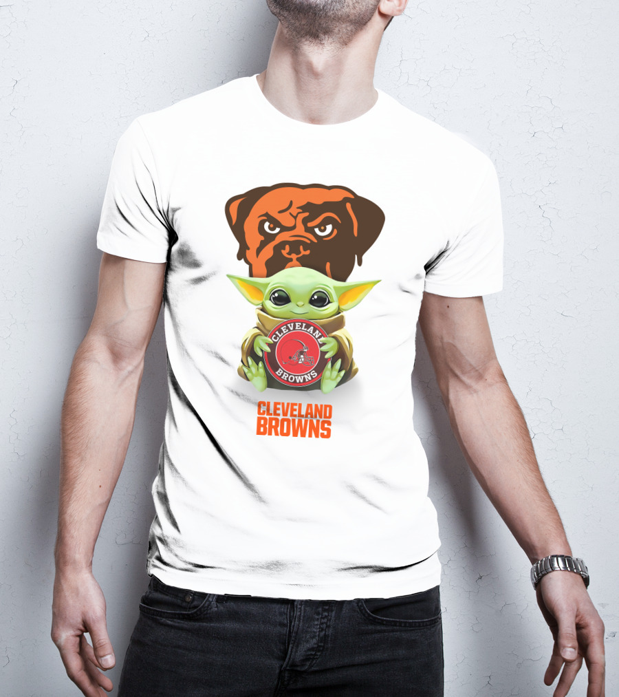 Cleveland Browns Grogu Hugging Cleveland Browns Logo Star Wars Crossover T-Shirt