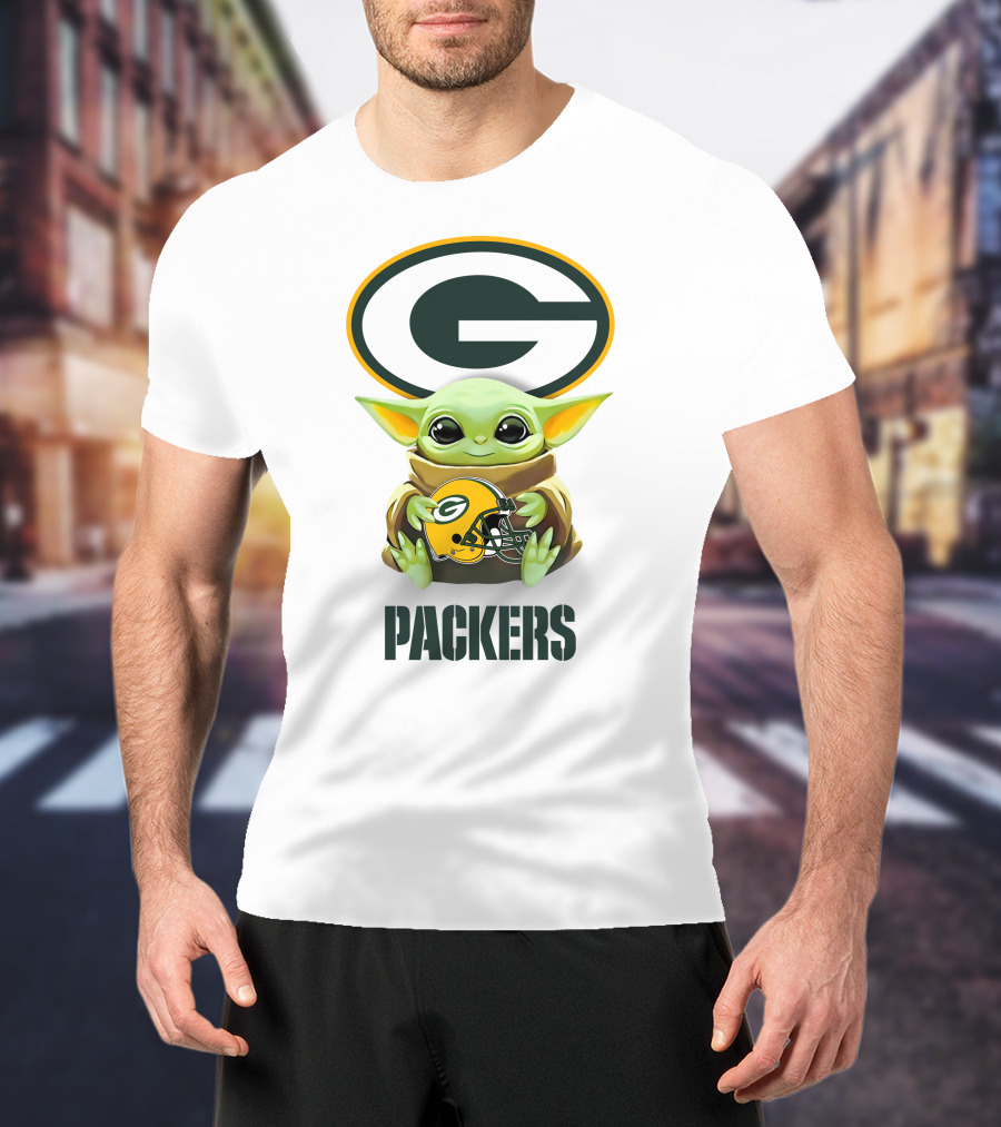 Grogu Holding Green Bay Packers Helmet With Logo And Text Packers T-Shirt
