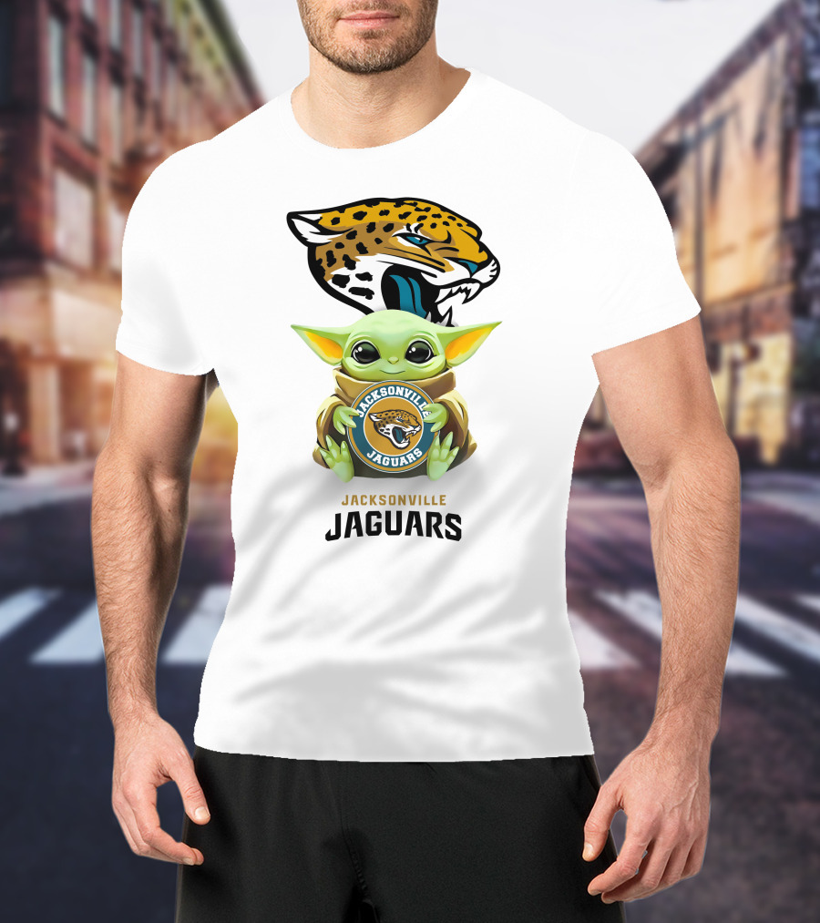Grogu Holding Jacksonville Jaguars Badge With Mascot In Background T-Shirt