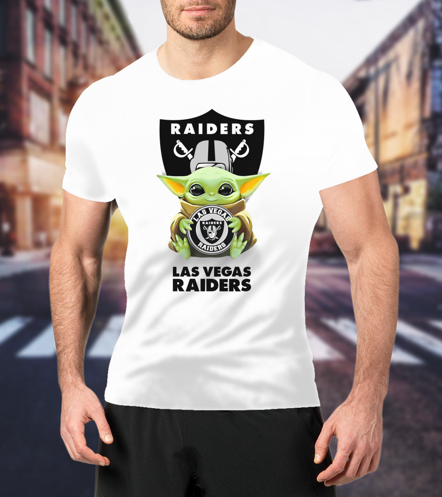 Grogu Holding Las Vegas Raiders Shield With Helmet And Swords T-Shirt