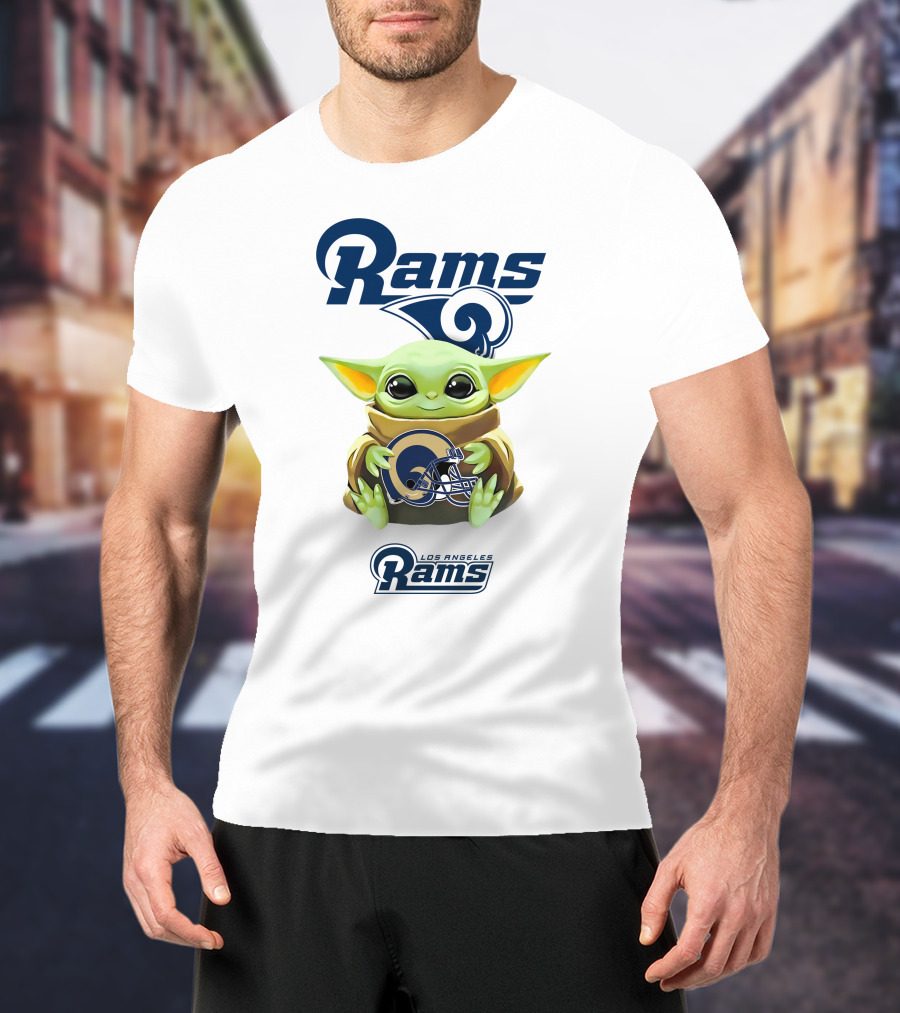 Grogu Holding Los Angeles Rams Helmet With Rams T-Shirt