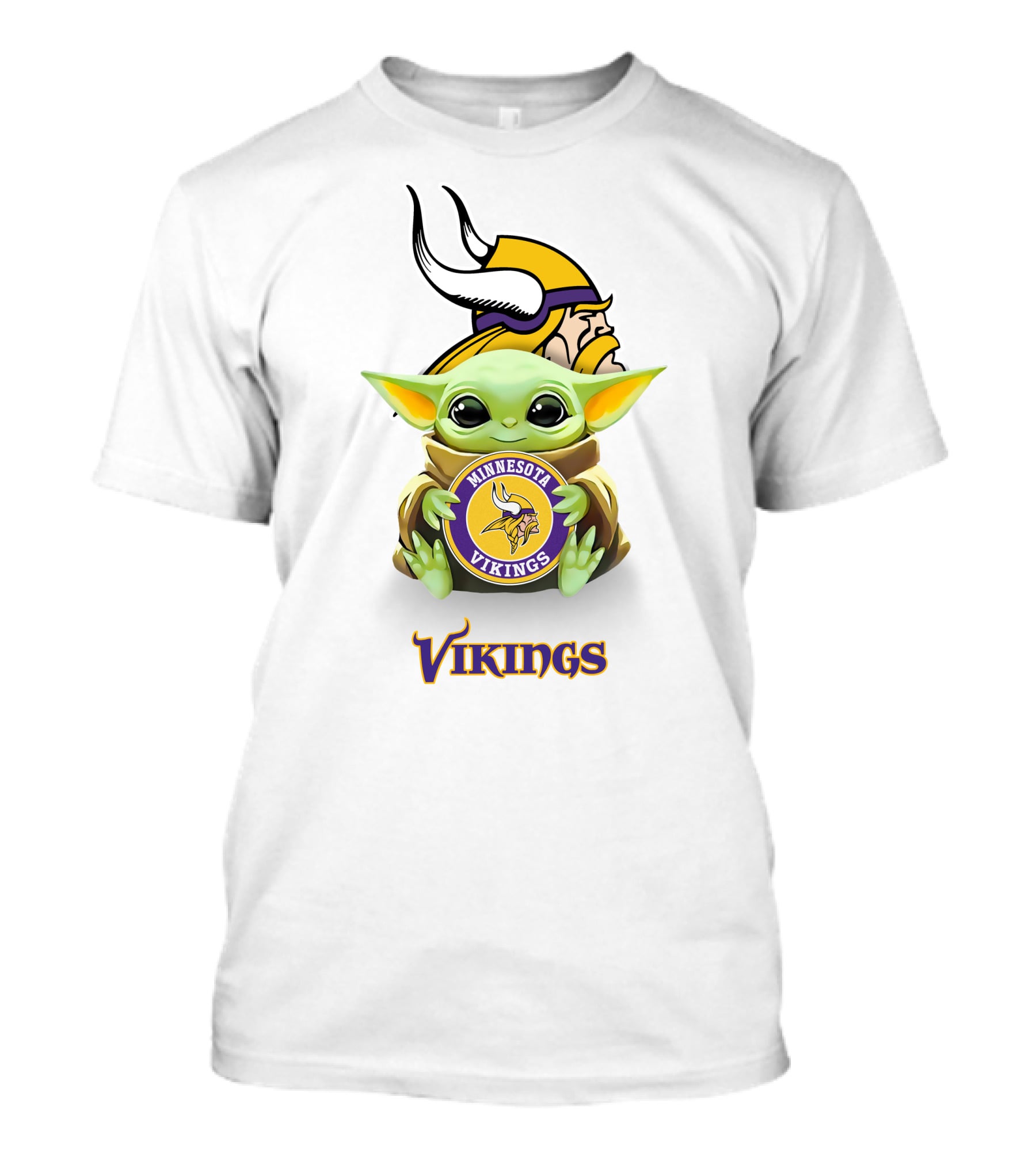 Grogu Holding Minnesota Vikings Symbol With Viking Helmet Background T-Shirt