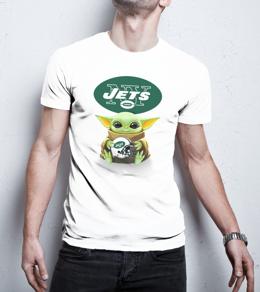 Grogu Holding New York Jets Football Helmet With Team T-Shirt