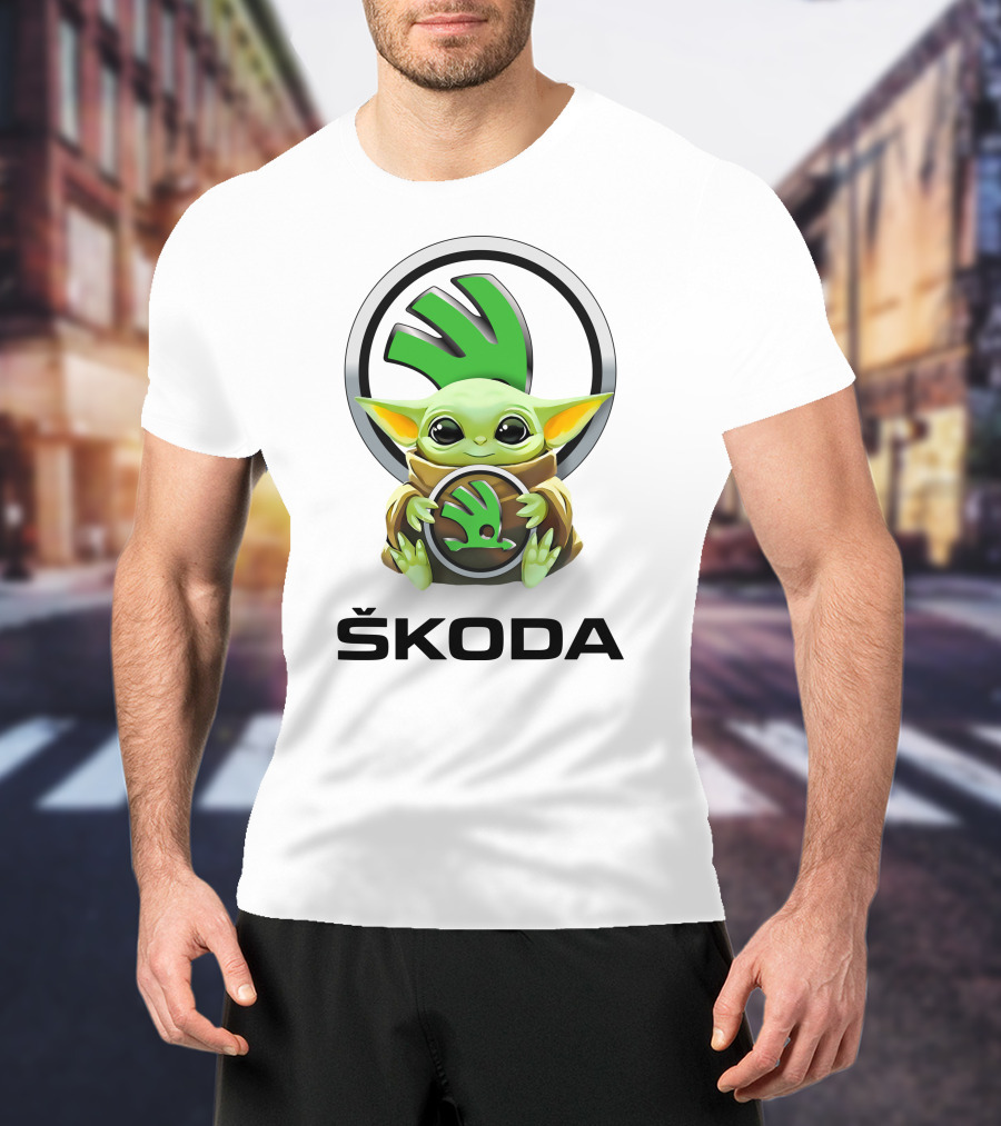 Grogu With Škoda Emblem Hugging Icon With White Background T-Shirt