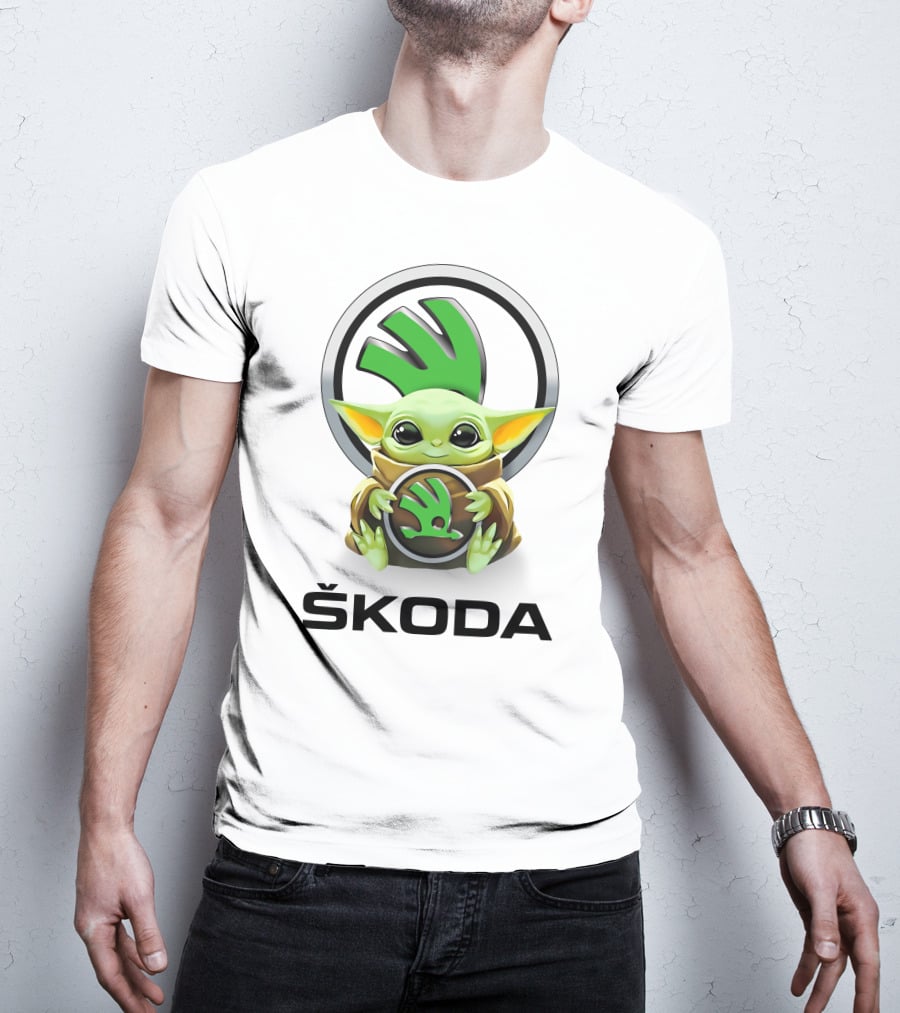 Grogu With Škoda Emblem Hugging Icon With White Background T-Shirt