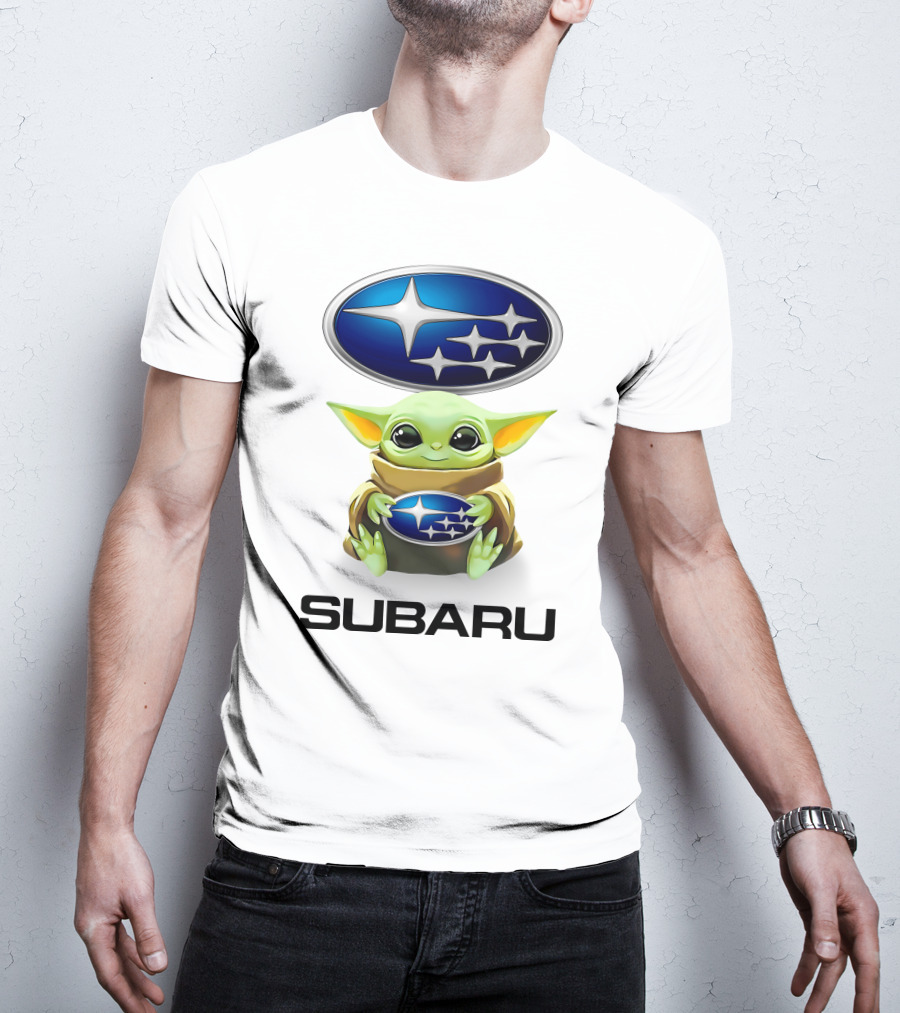 Grogu Holding Subaru Logo With Symbol And Text T-Shirt